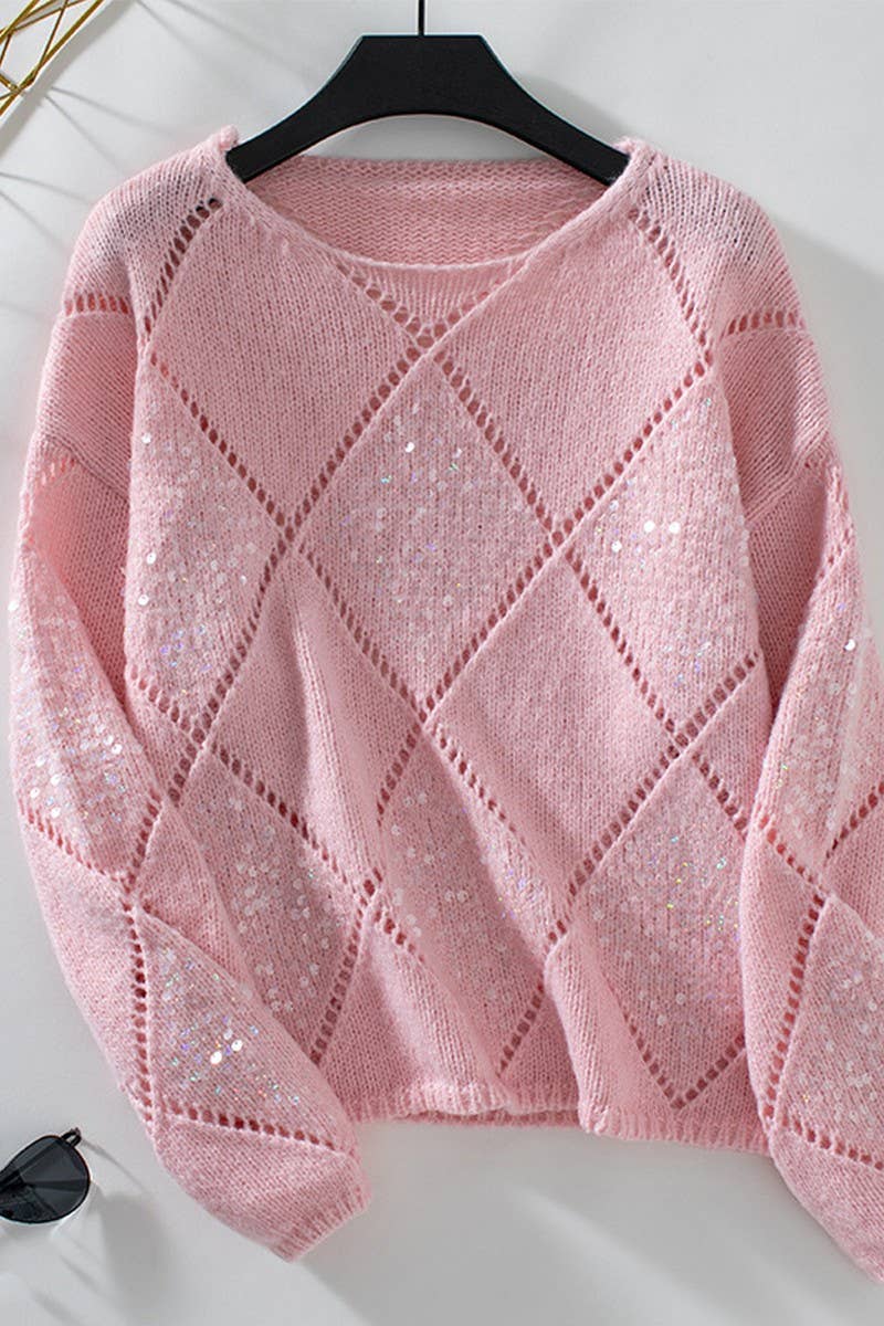 CWOSWL07062_HOLLOW SEQUIN KNIT DIAMOND PULLOVER SWEATER