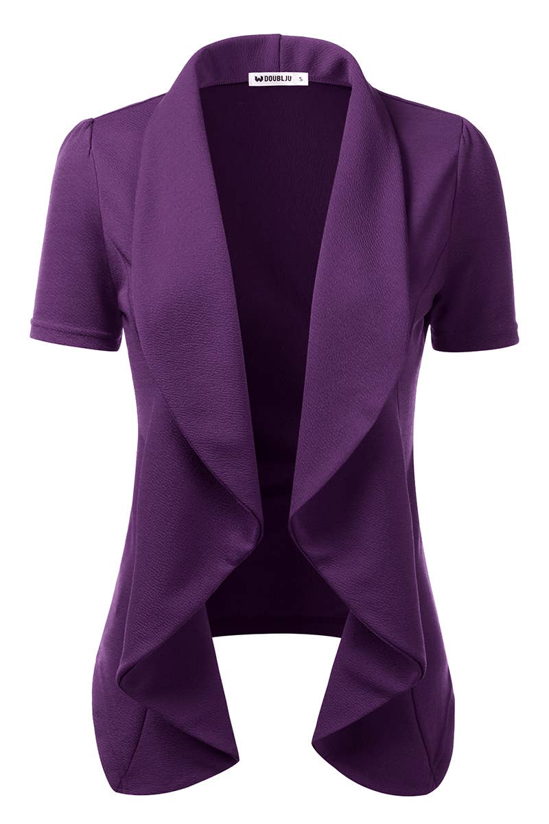 CWOBL095-P_Short Sleeve Open Front Draped Ruffles Blouses