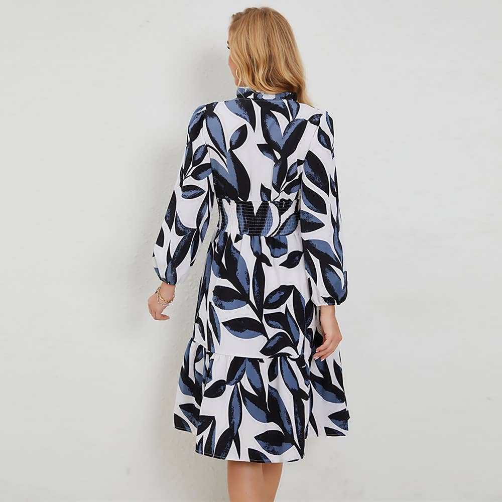 PRINT COMMUTER LONG-SLEEVED DRESS WITH WAIST
