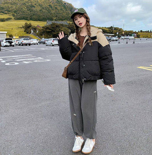 Short hooded,color-blocking,thick loose jacket