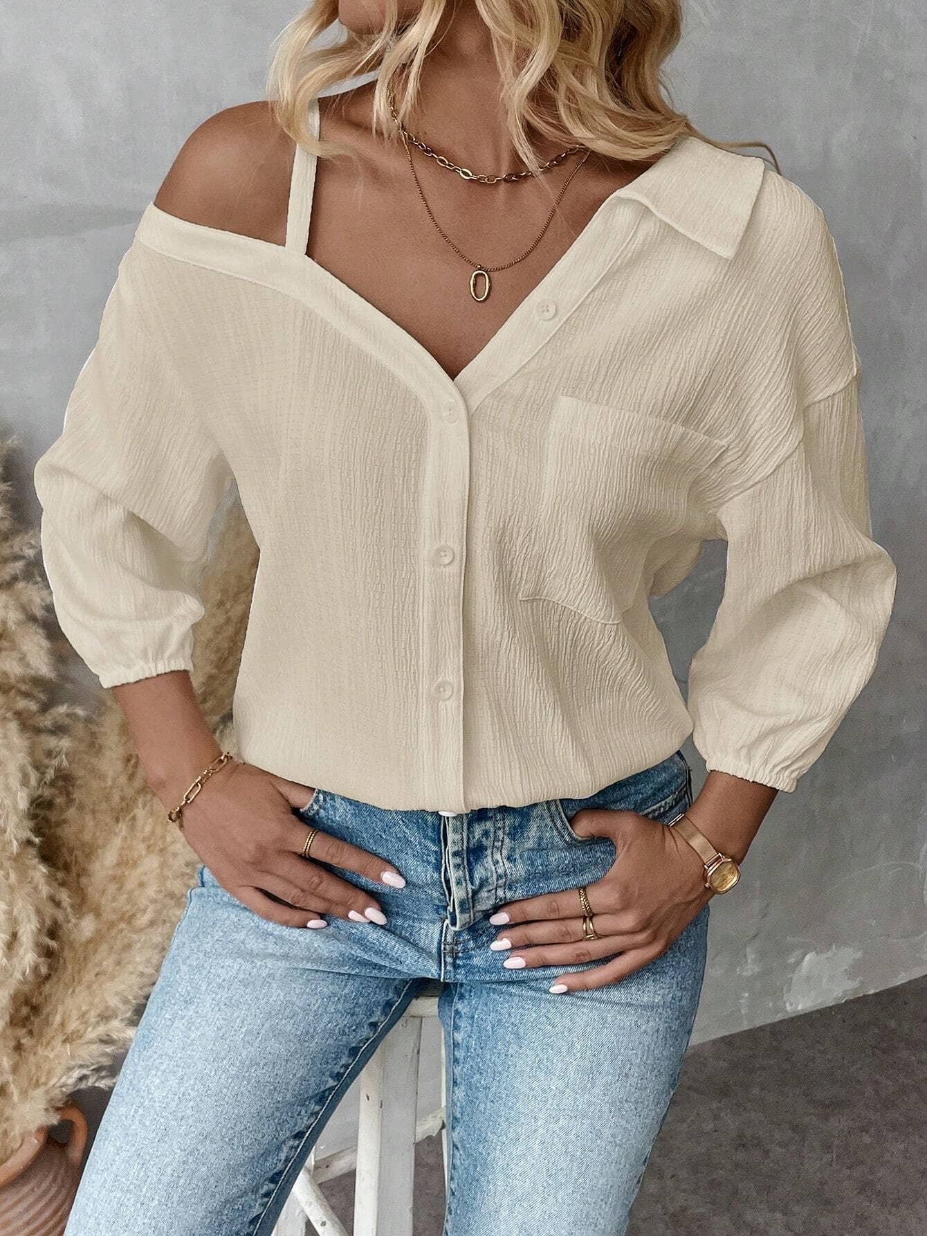 Lapel off-the-shoulder single breasted shirt