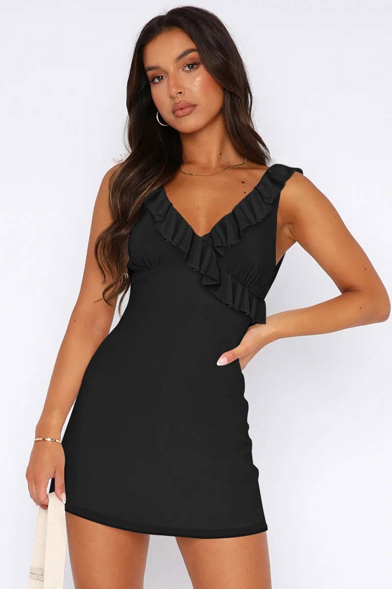 CWDSD7270_V-NECK PLEATED RUFFLE SLEEVELESS DRESS