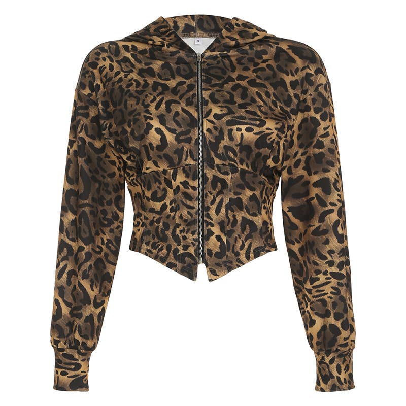 LEOPARD PRINT ZIPPER HOODIE PATCHWORK CARDIGAN