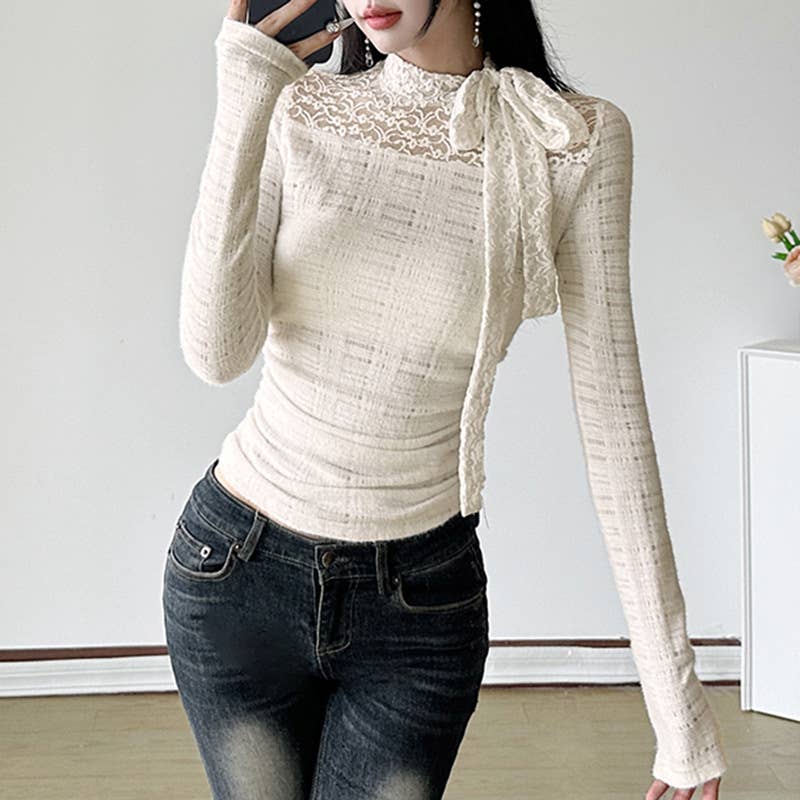 SOLID COLOR BOW AND LACE PULLOVER HALF-NECK TOP