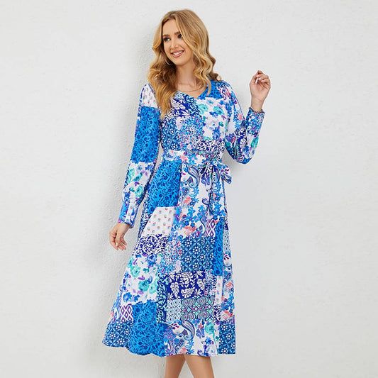 Printed belt A-line skirt long-sleeved dress