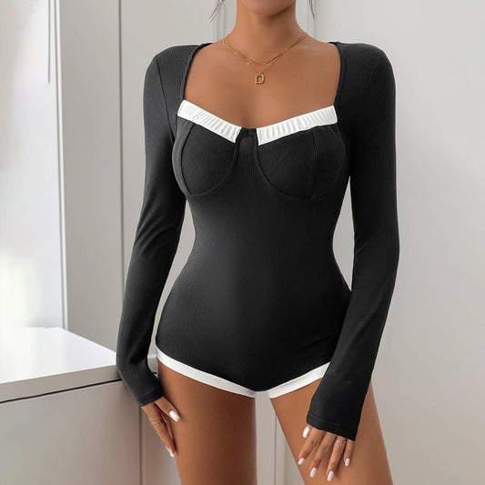 LONG SLEEVE SQUARE COLLAR HIGH ELASTIC JUMPSUIT