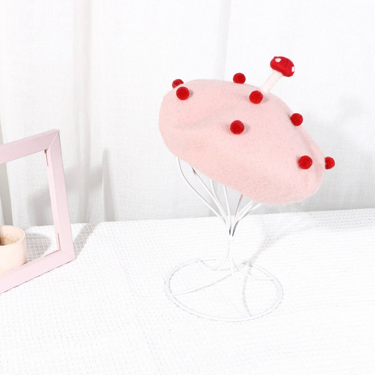 CWAH04554_KIDS BERET HAT RED MUSHROOM STYLE WINTER CAP