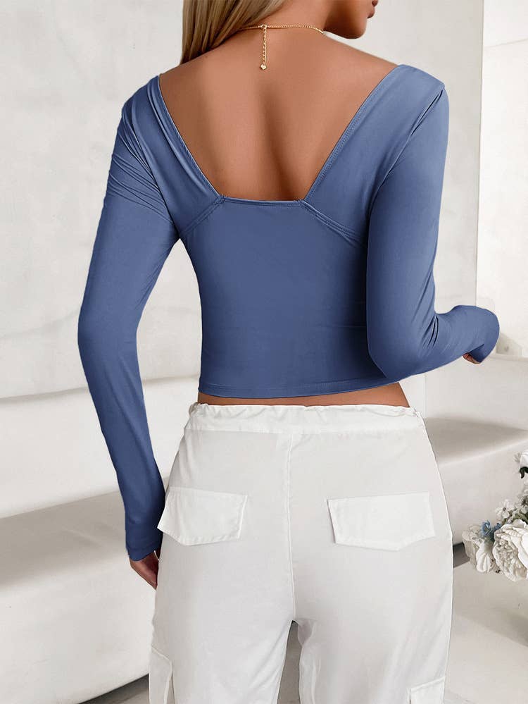 SOLID COLOR SLIM V-NECK LONG SLEEVE BASE SHIRT