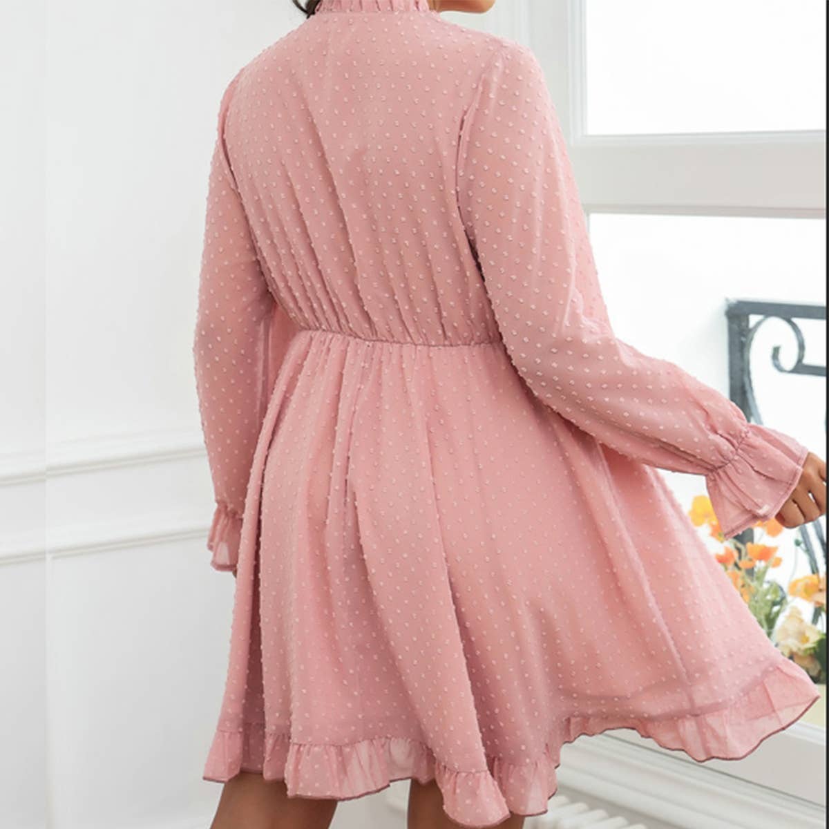 Fashion Plus Size Ruffle Hem Pink Dress_CWDSD8486