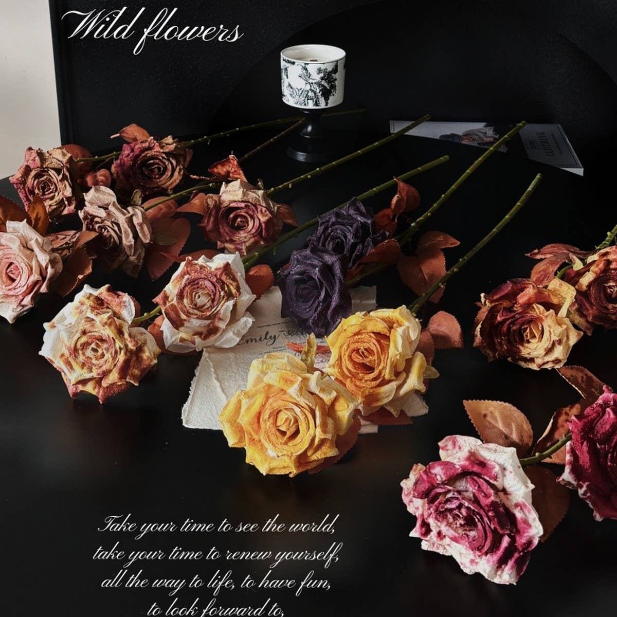 Vintage Faux Wilted Rose Bouquet with Ink Stains