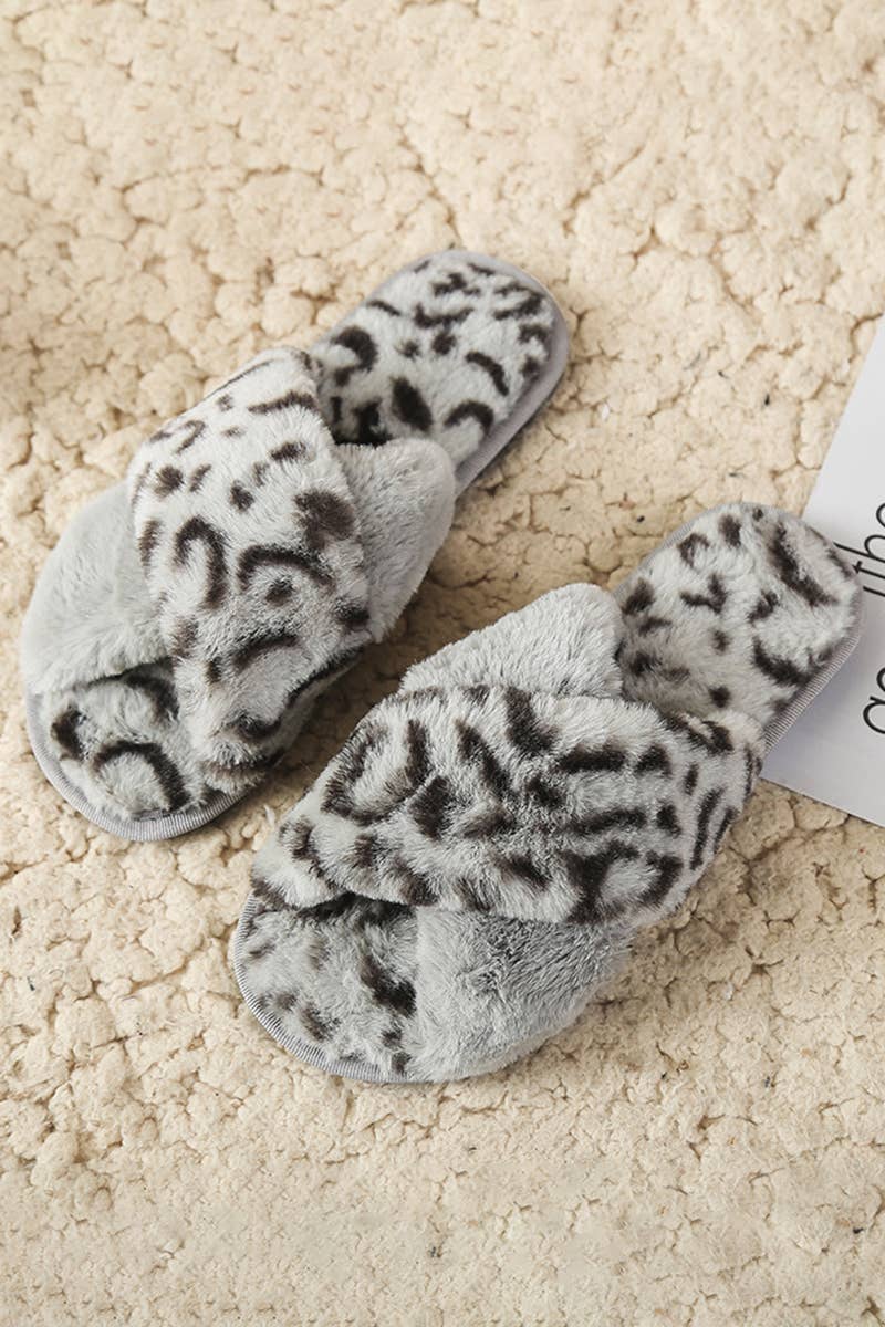 LEOPARD PATTERN CROSS FLUFFY HOME BEDROOM SLIPPERS