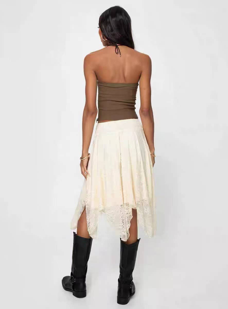 Asymmetrical hem mid-length lace skirt