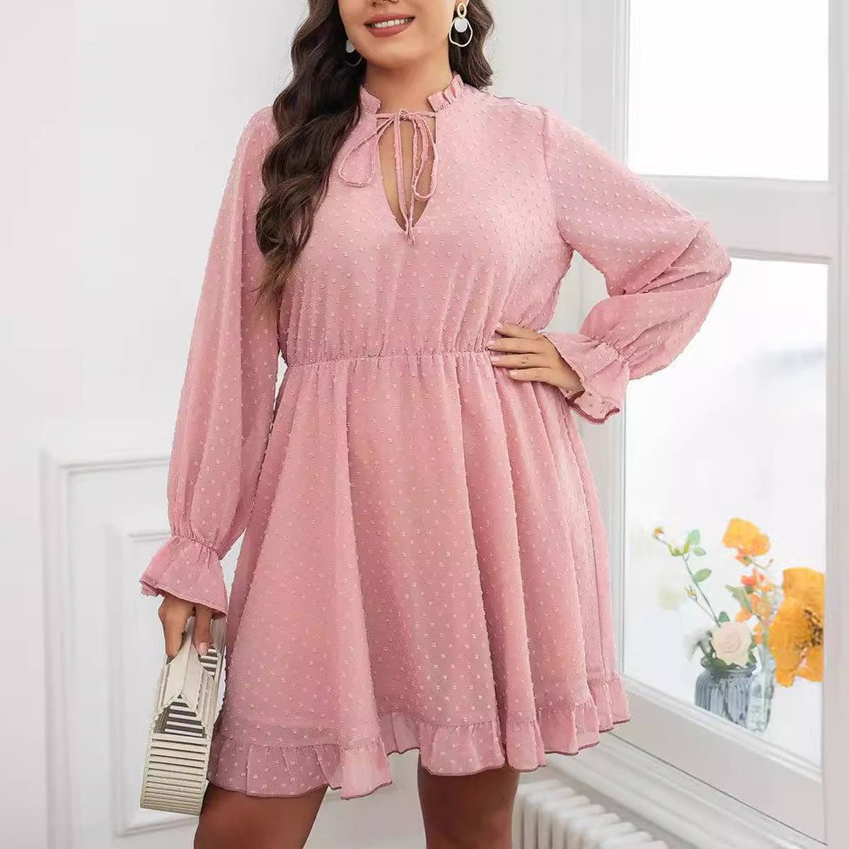 Fashion Plus Size Ruffle Hem Pink Dress_CWDSD8486