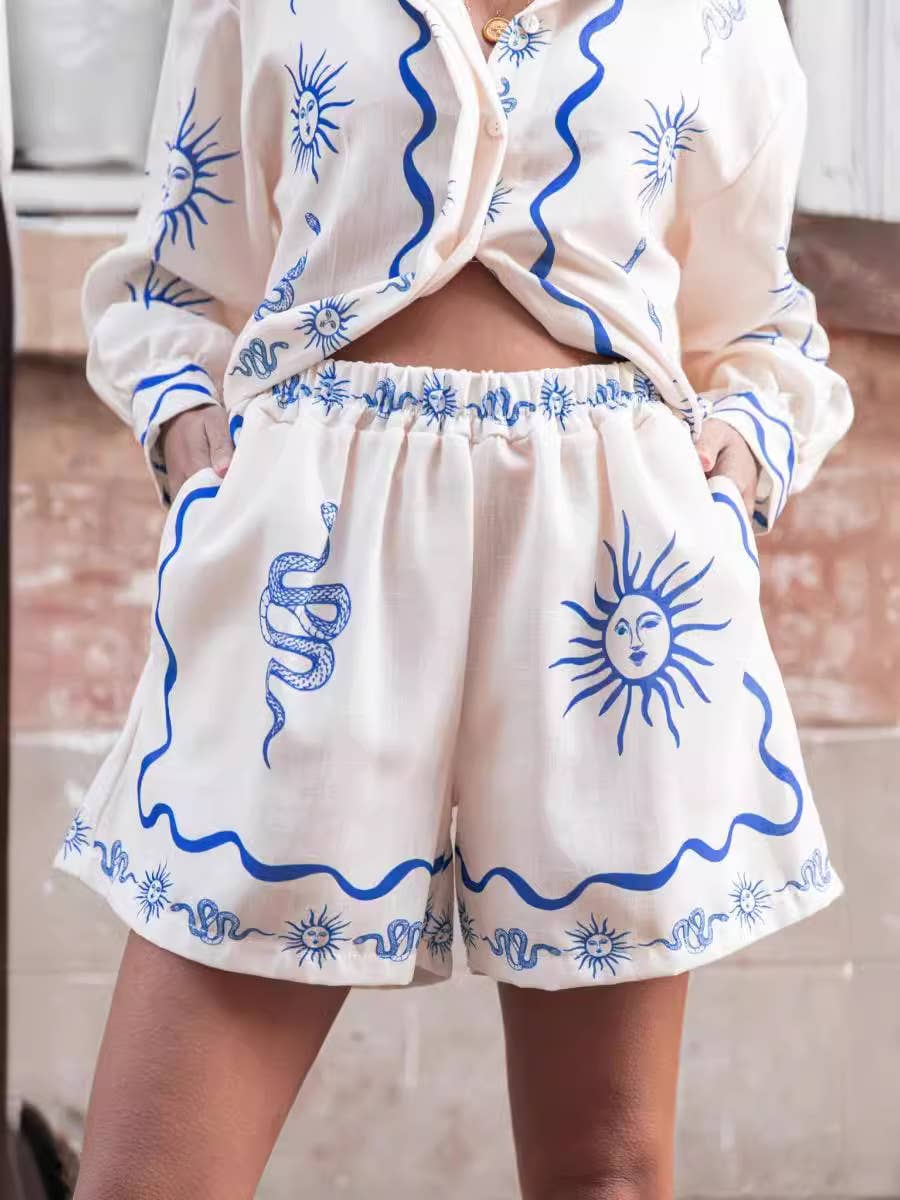 Fashion print casual cardigan shorts linen two-piece set