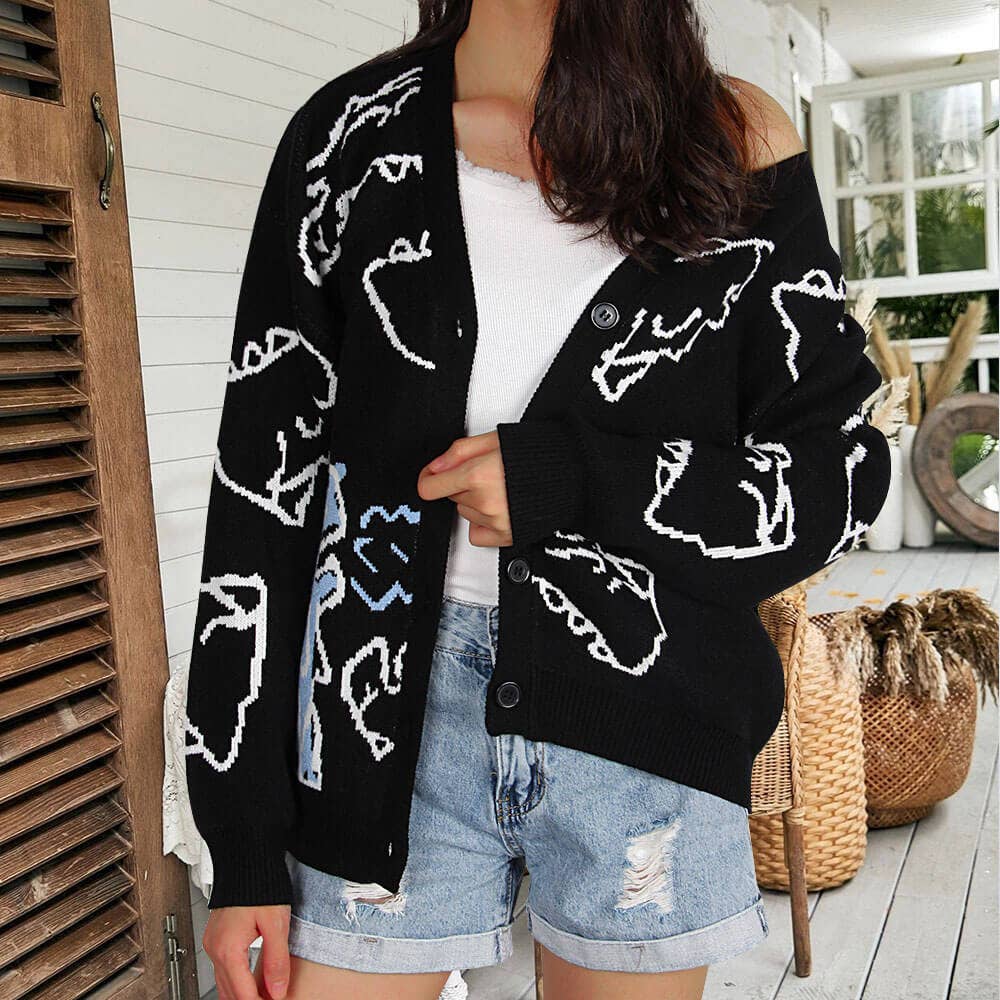 KNIT COAT LOOSE CARTOON DINOSAUR CARDIGAN