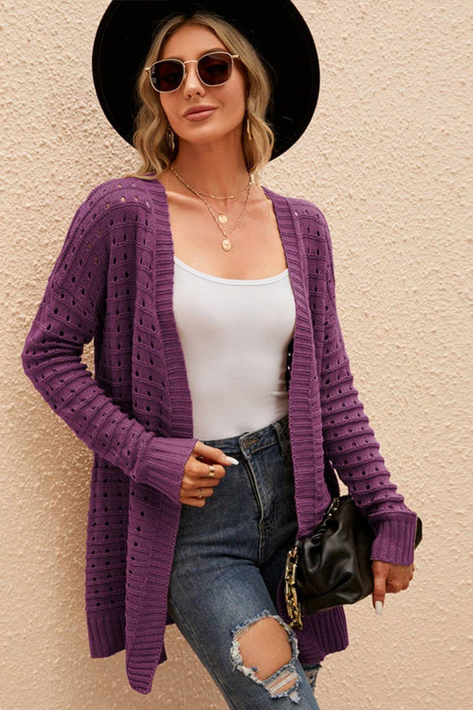CWOCAL0769_SOLID COLOR HOLLOW LONG KNITTED CARDIGAN