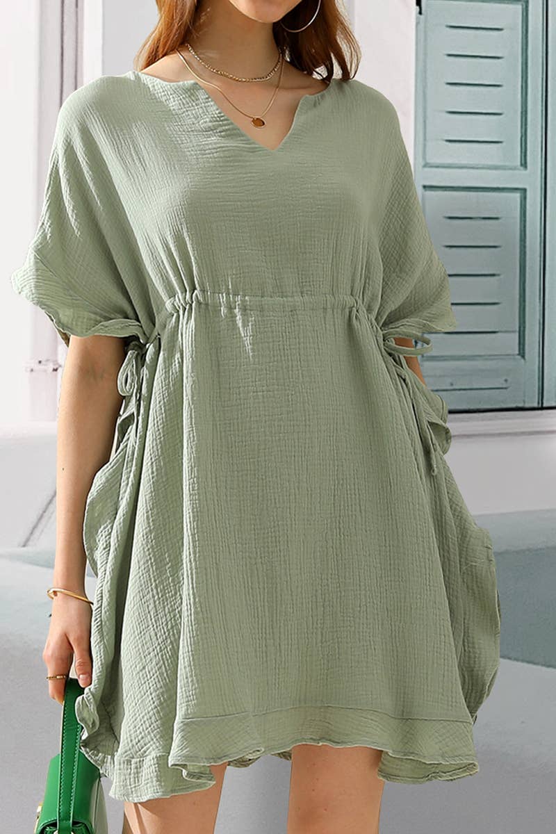 CWDSD10360_DRAWSTRING WAIST SOFT COTTON RUFFLE HEM DRESS
