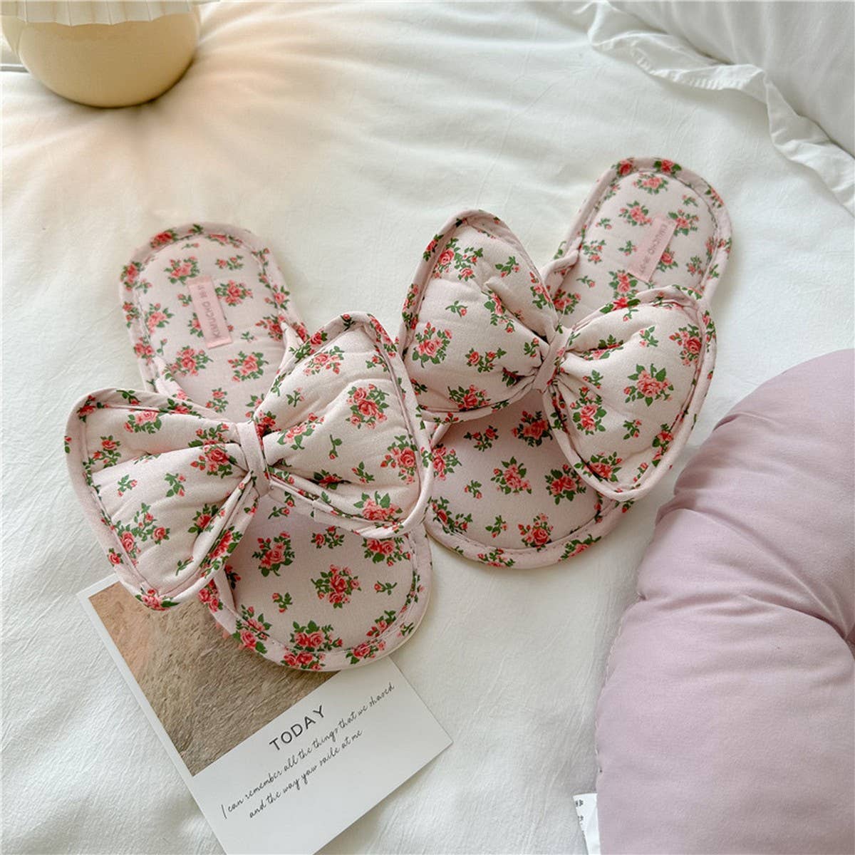 LIGHT BLUE FLORAL BOW-KNOT THICK-SOLED HOME SHOES