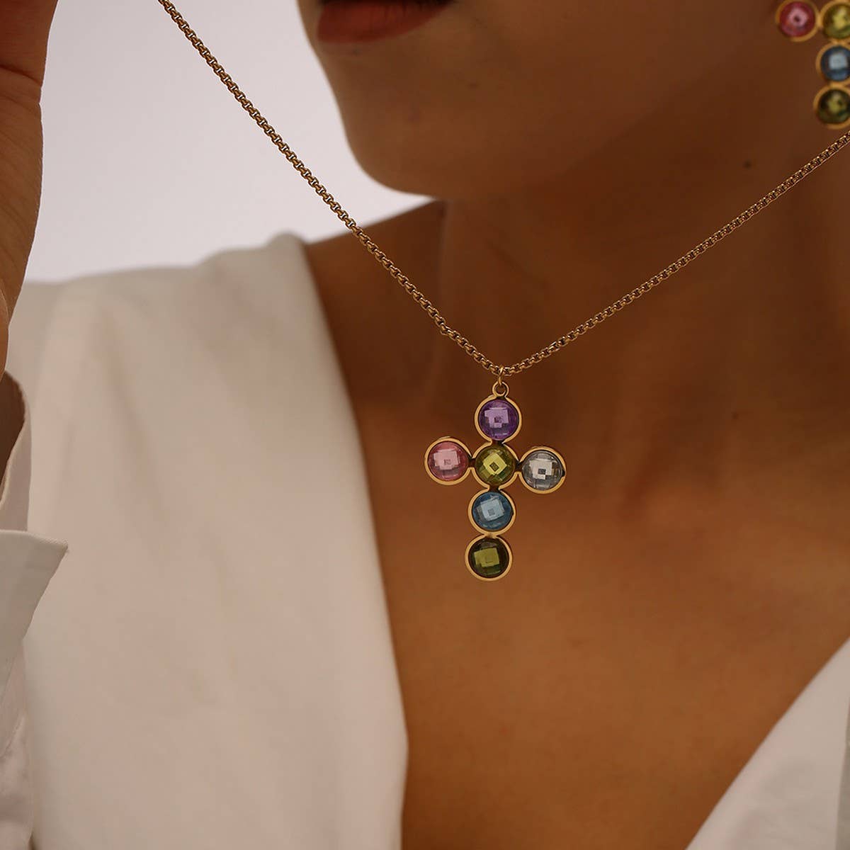 Stainless Steel Cross Necklace & Earrings Set_CWMM8890