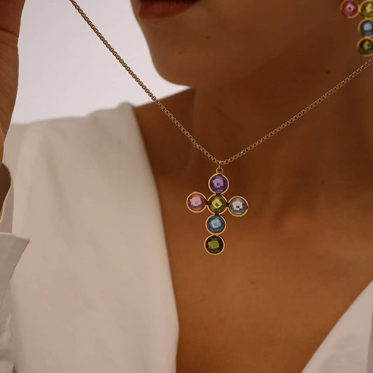 Stainless Steel Cross Necklace & Earrings Set_CWMM8890