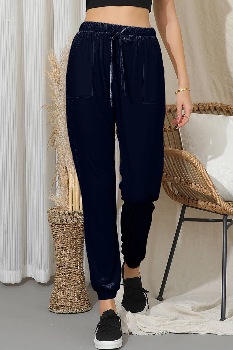 CWBLP422_WAIST TIE BAND CASUAL VELVET LONG TRACK PANTS