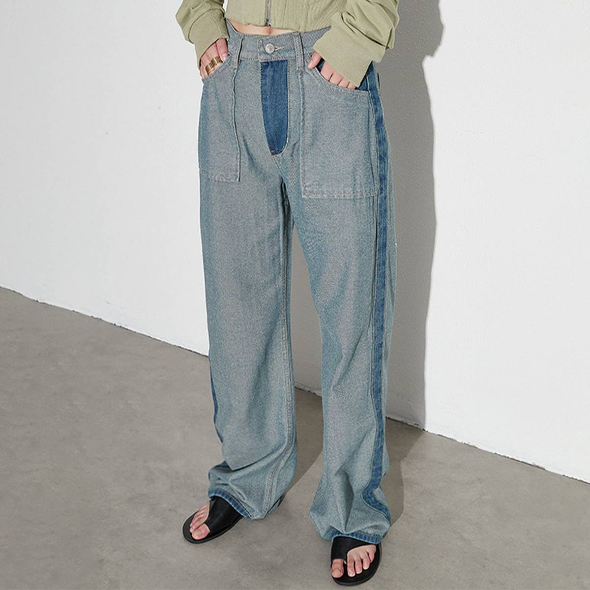 STRAIGHT LEG COLOR BLOCKING DENIM CASUAL PANTS_CWJP0202