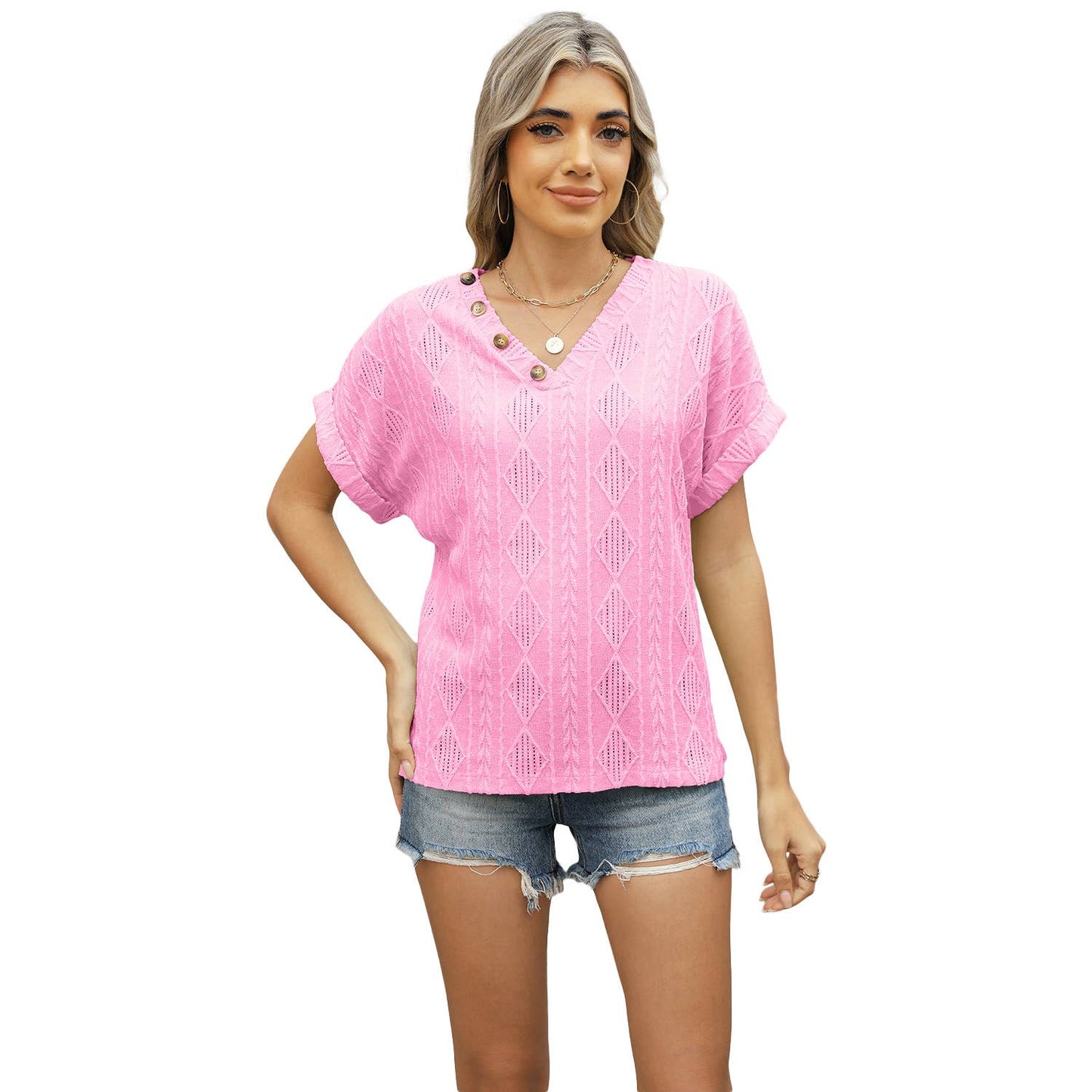 V-neck jacquard button loose cutout T-shirt