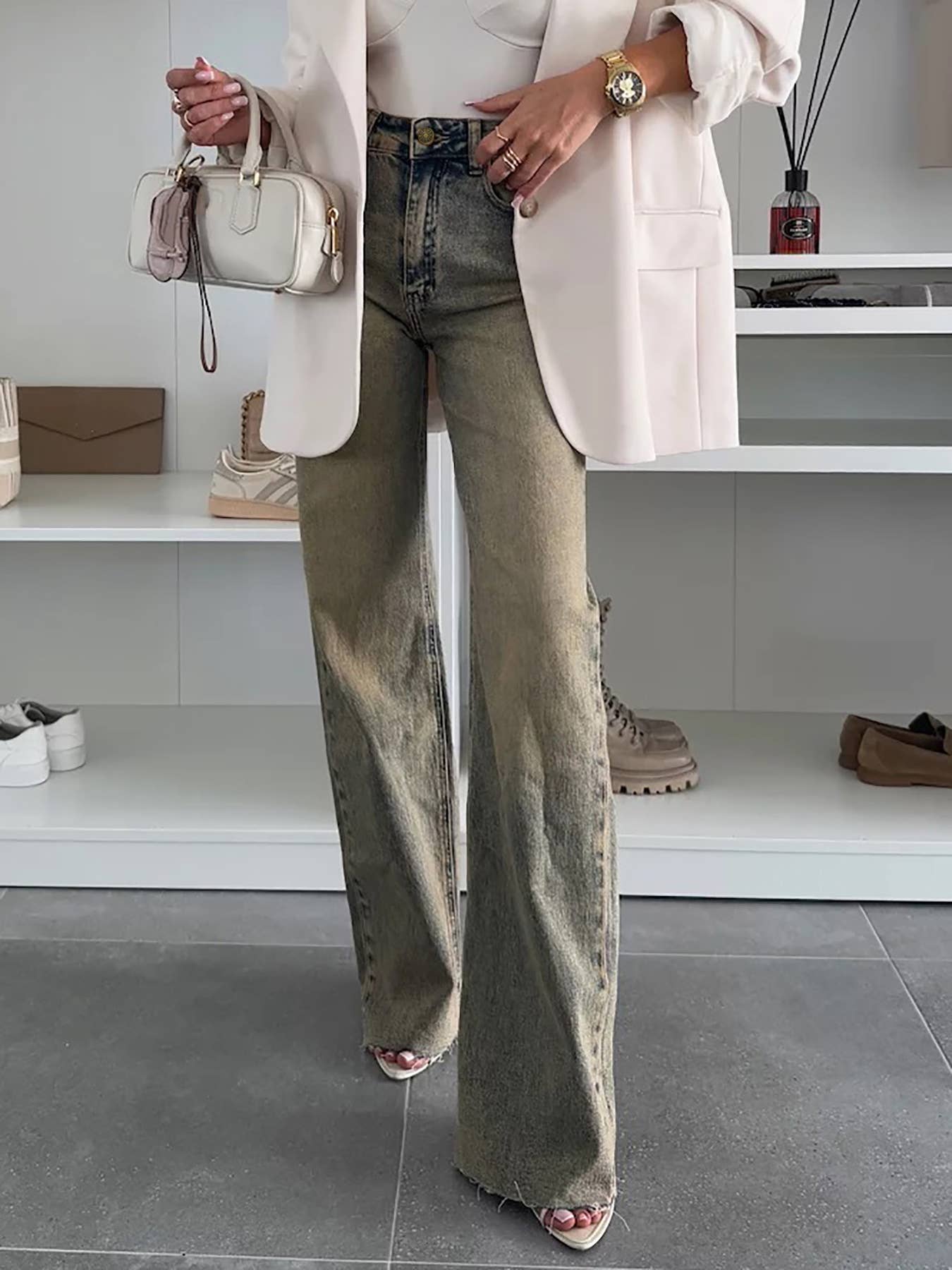 Heavy-duty washed stretch straight-leg jeans