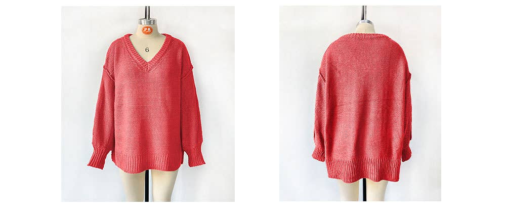 V-neck loose solid color long-sleeved sweater