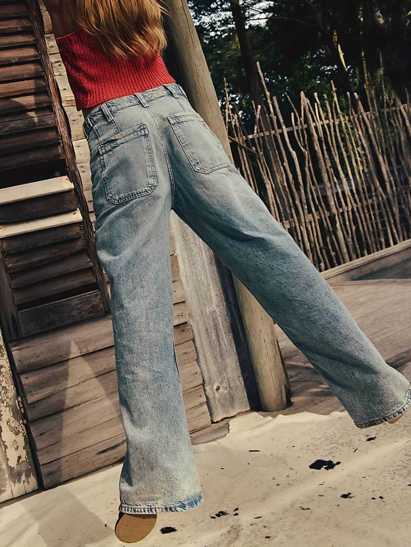 Non-elastic washed straight-leg workwear jeans