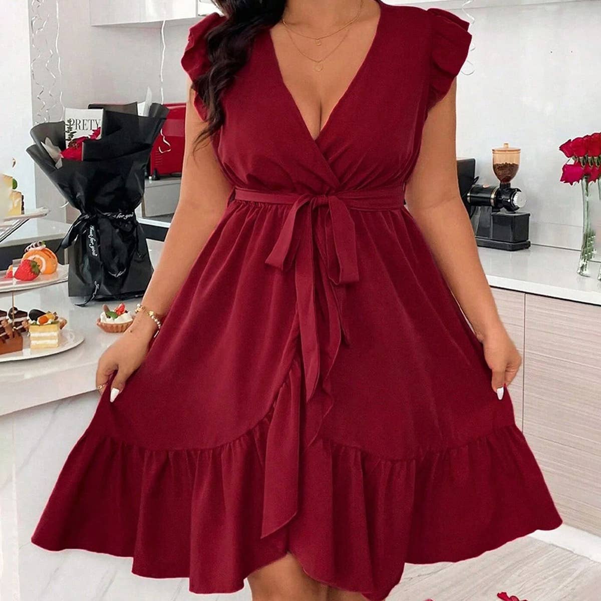 LACE UP WAIST RUFFLED EDGE DRESS