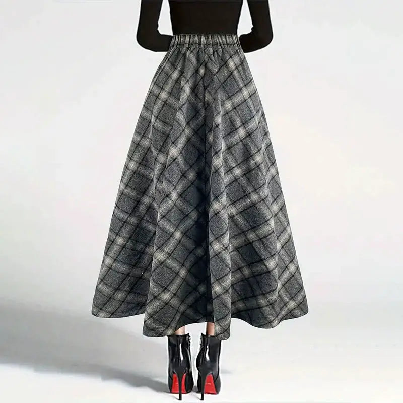 PLAID WOOL THICKENED VINTAGE LONG A-LINE SKIRT
