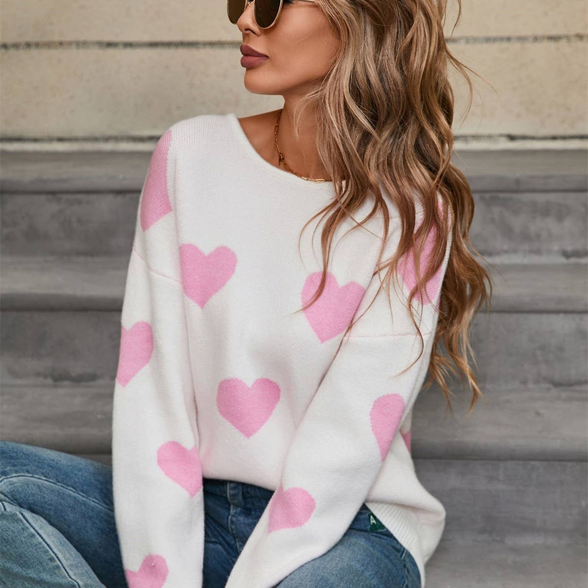 Jacquard love crewneck pullover sweater
