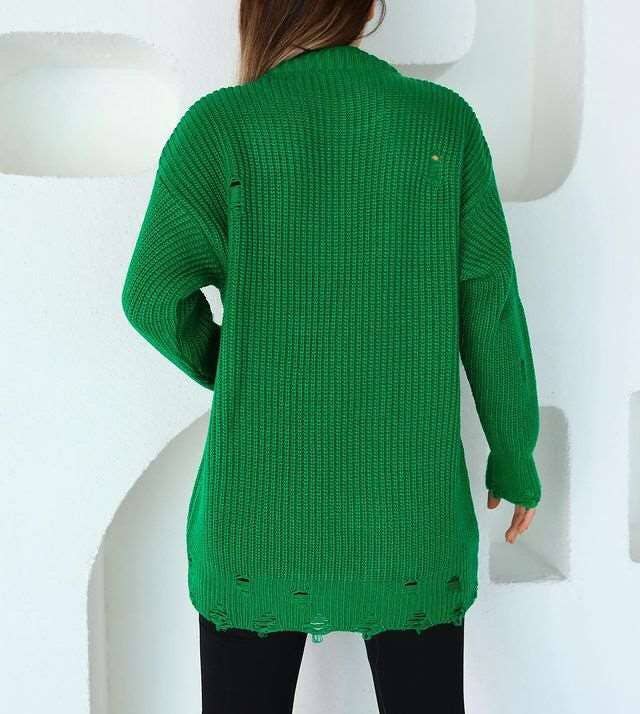 SOLID COLOR RIPPED MID-LENGTH CREW-NECK SWEATER