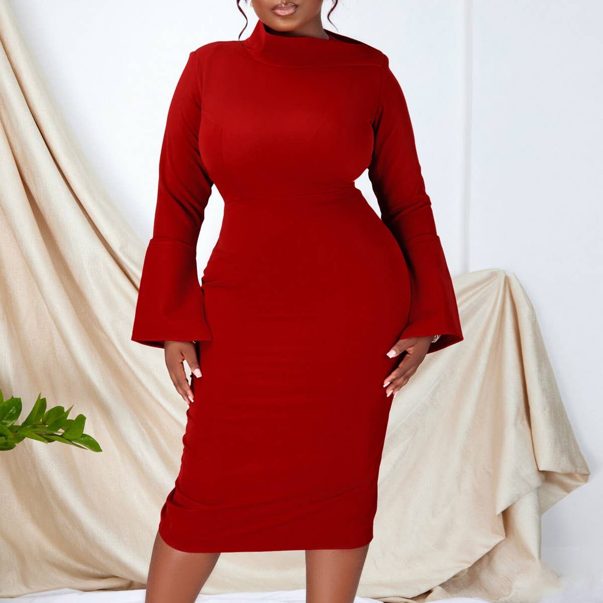 FASHION LONG SLEEVE OBLIQUE NECKSTRETCH KNIT DRESS_CWDMD3675