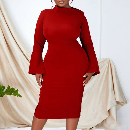 FASHION LONG SLEEVE OBLIQUE NECKSTRETCH KNIT DRESS_CWDMD3675