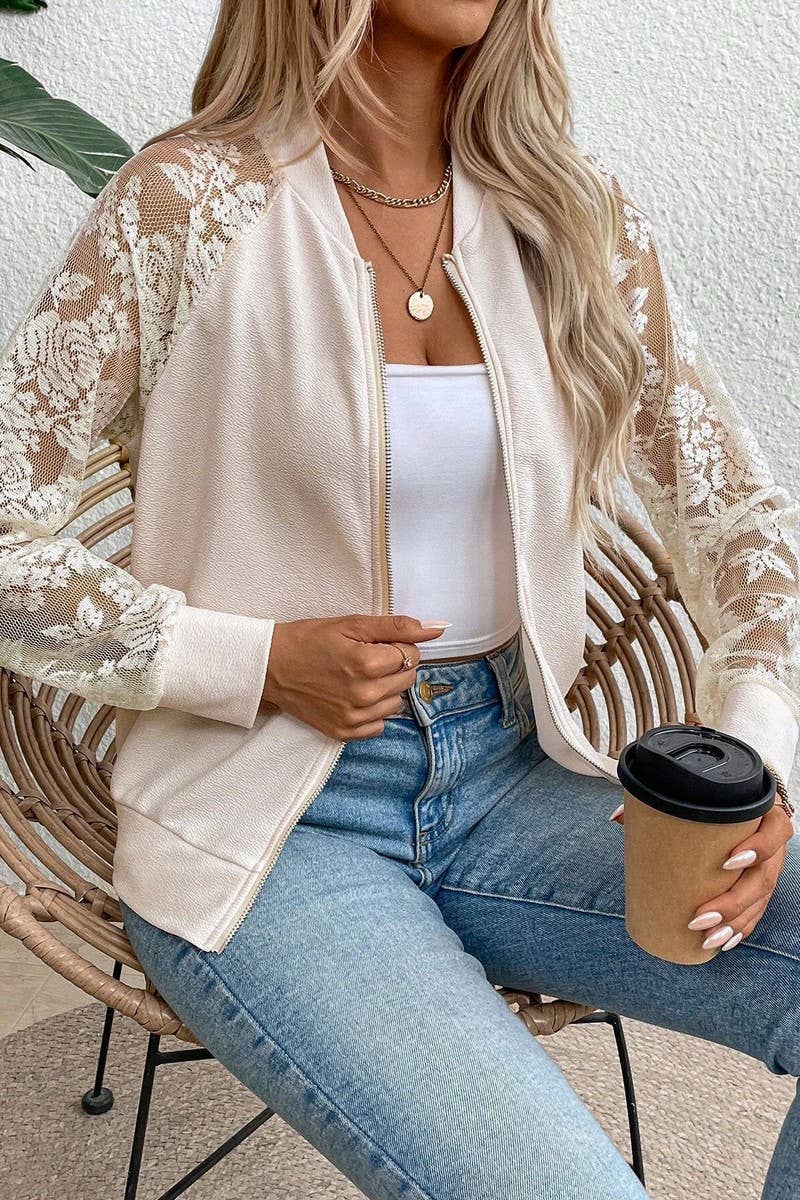 CWOCO1134_LACE PANEL LONG SLEEVE BASEBALL COLLAR JACKET TOP