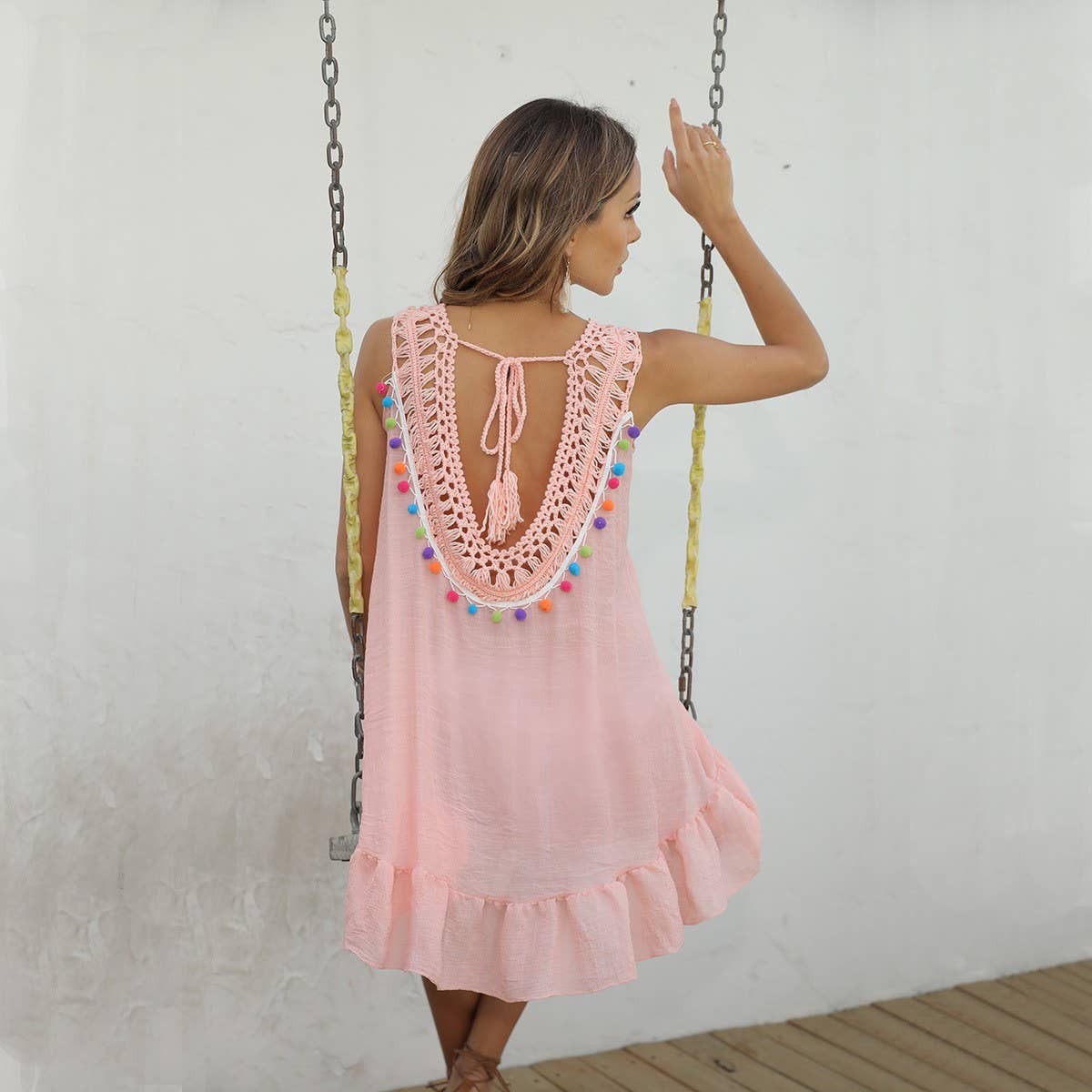 SLEEVELESS FRINGE BEACH SWIMSUIT COVER-UP_CWASC2380