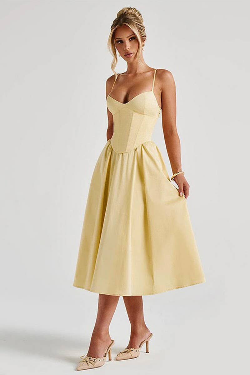 CWDMD5068_SPRING V-NECK SOLID COLOR WAIST SUSPENDER DRESS