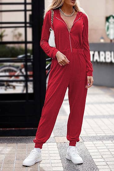 HOODED LONG-SLEEVED ZIP-UP SPORTS JUMPSUIT