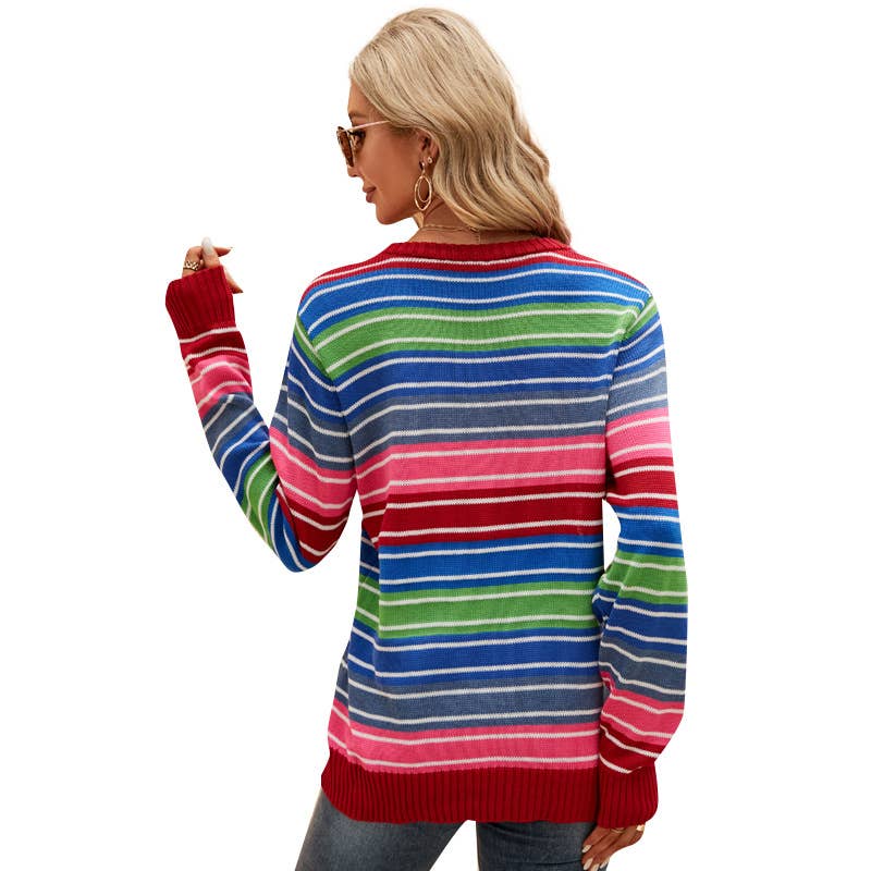 Striped color loose casual ripped sweater