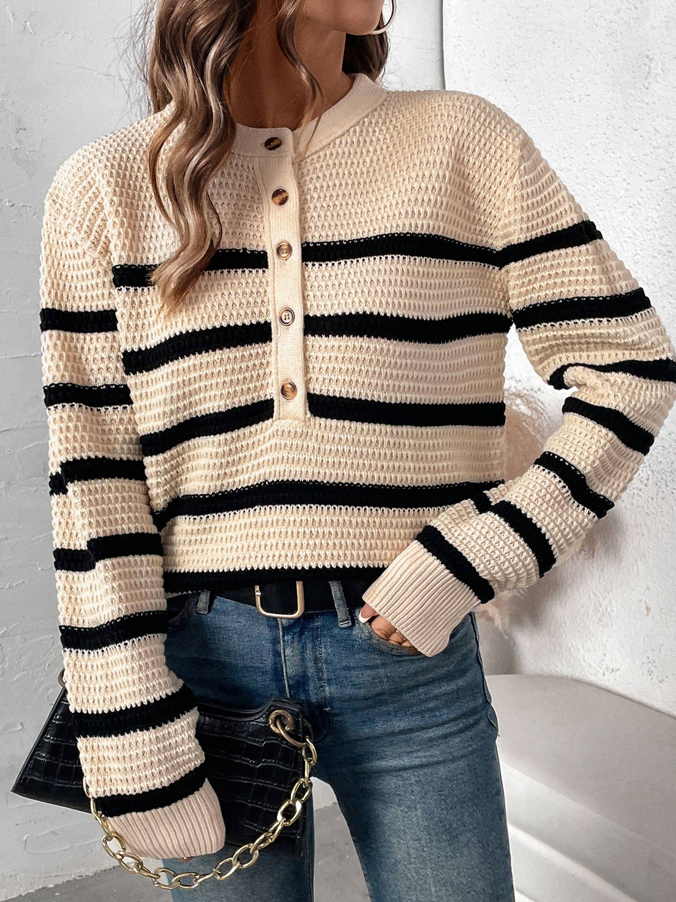 Striped button-down chunky knit crew neck sweater
