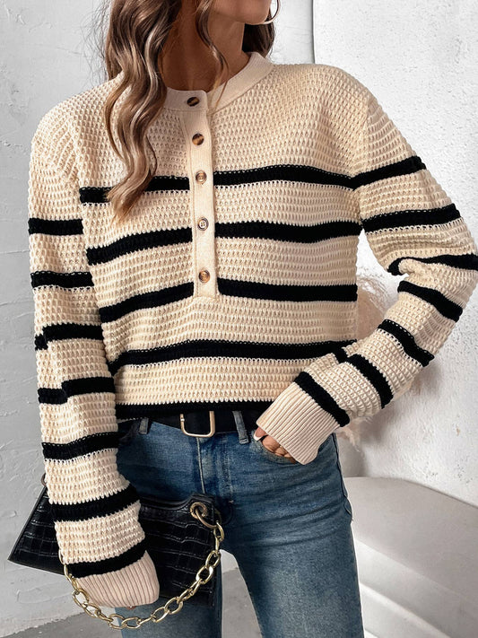 Striped button-down chunky knit crew neck sweater