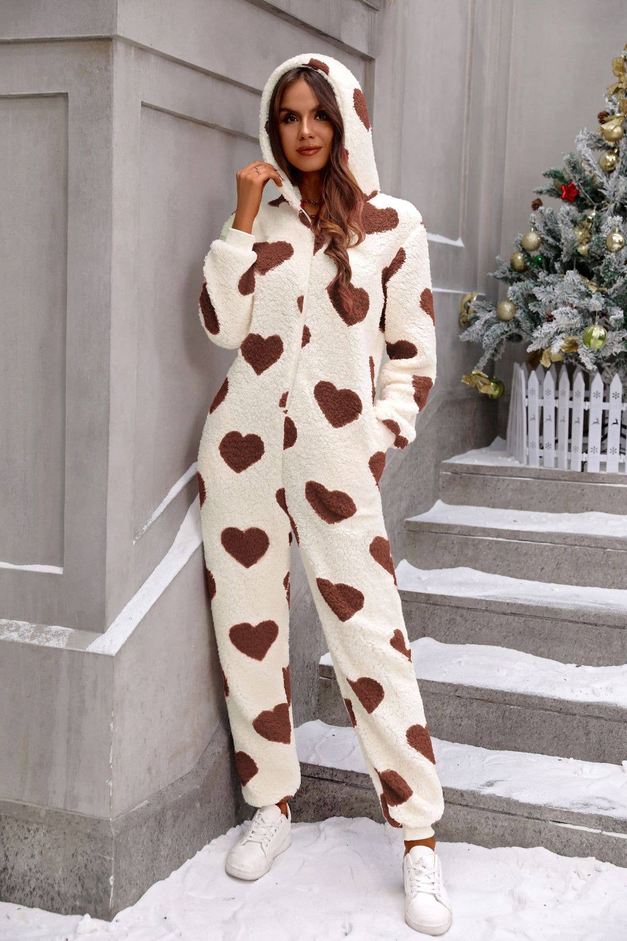 Plush love print Christmas hoodie romper