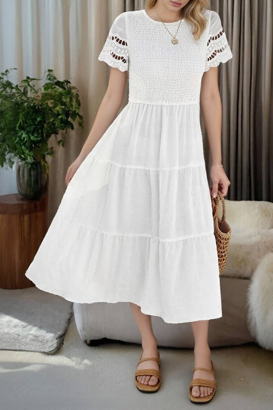CWDMD6447_TEMPERAMENT SOLID COLOR SHORT SLEEVE HOLLOW DRESS