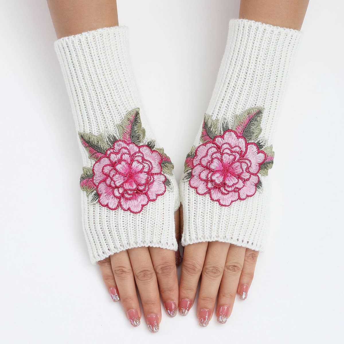 FLOWER WARM KNITTED WOOL GLOVES AND SLEEVES_CWAG0109