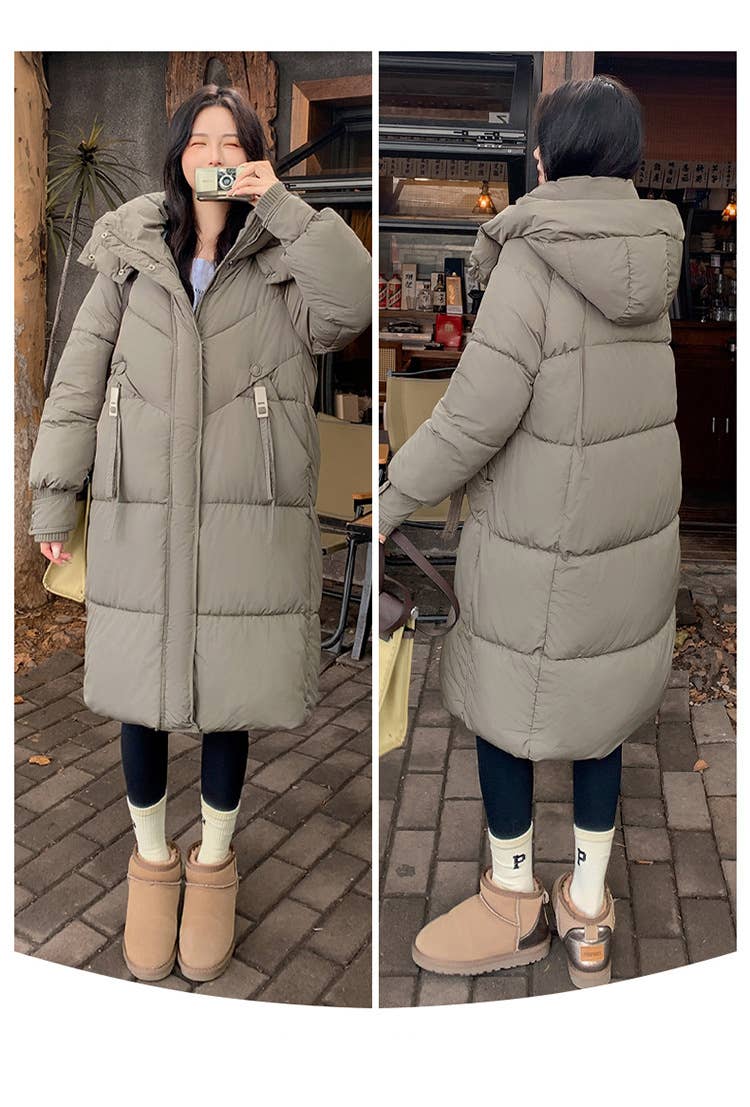 Warm hooded thick long pure color quilted jacket