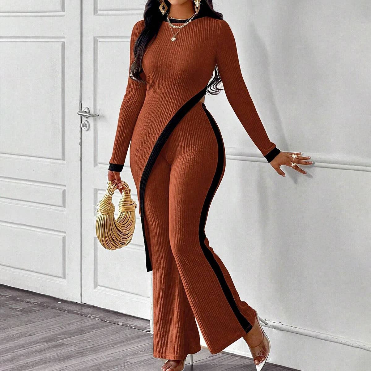 FASHION COLOR CONTRAST SHIRT PATCHWORK PANTS SUIT