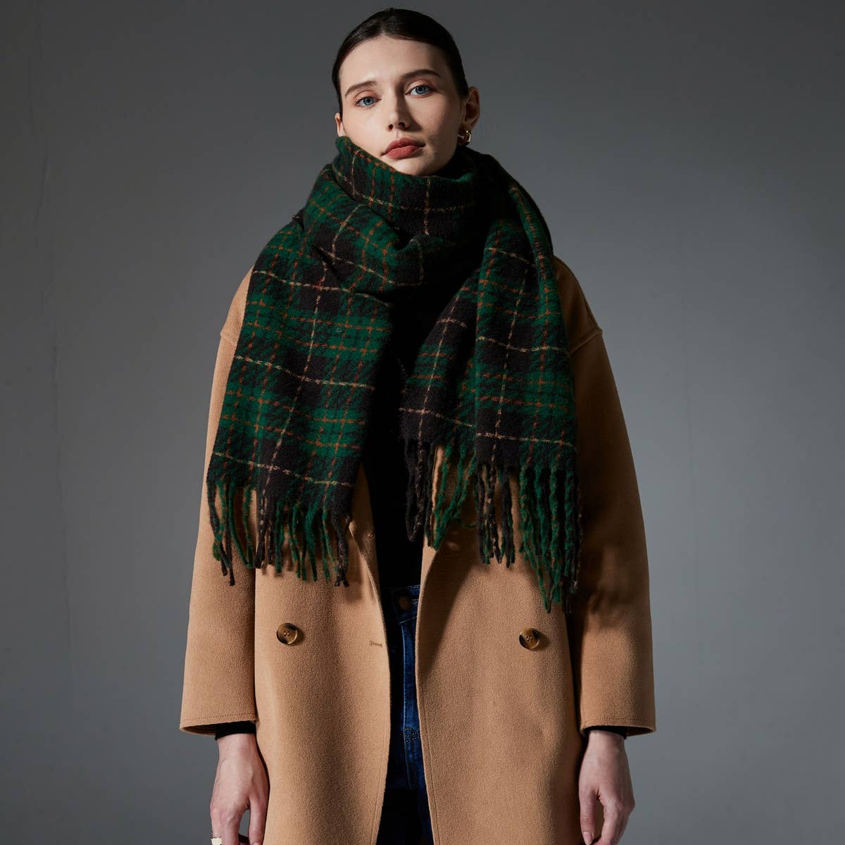Green Plaid Fringe Scarf - Winter Wrap for Women