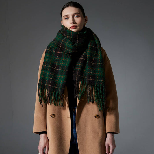 Green Plaid Fringe Scarf - Winter Wrap for Women